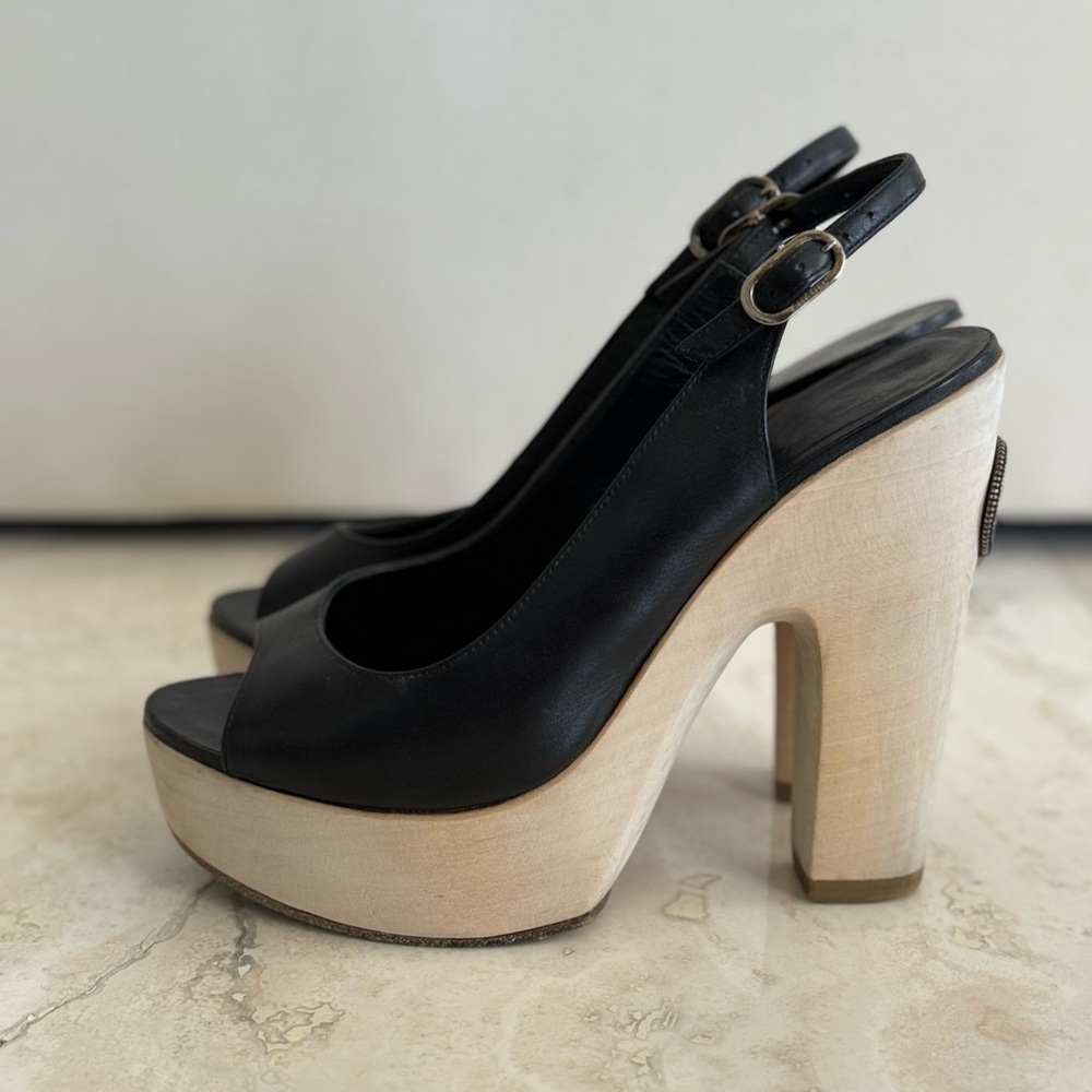 Chanel Wood platform slingback open toe clog